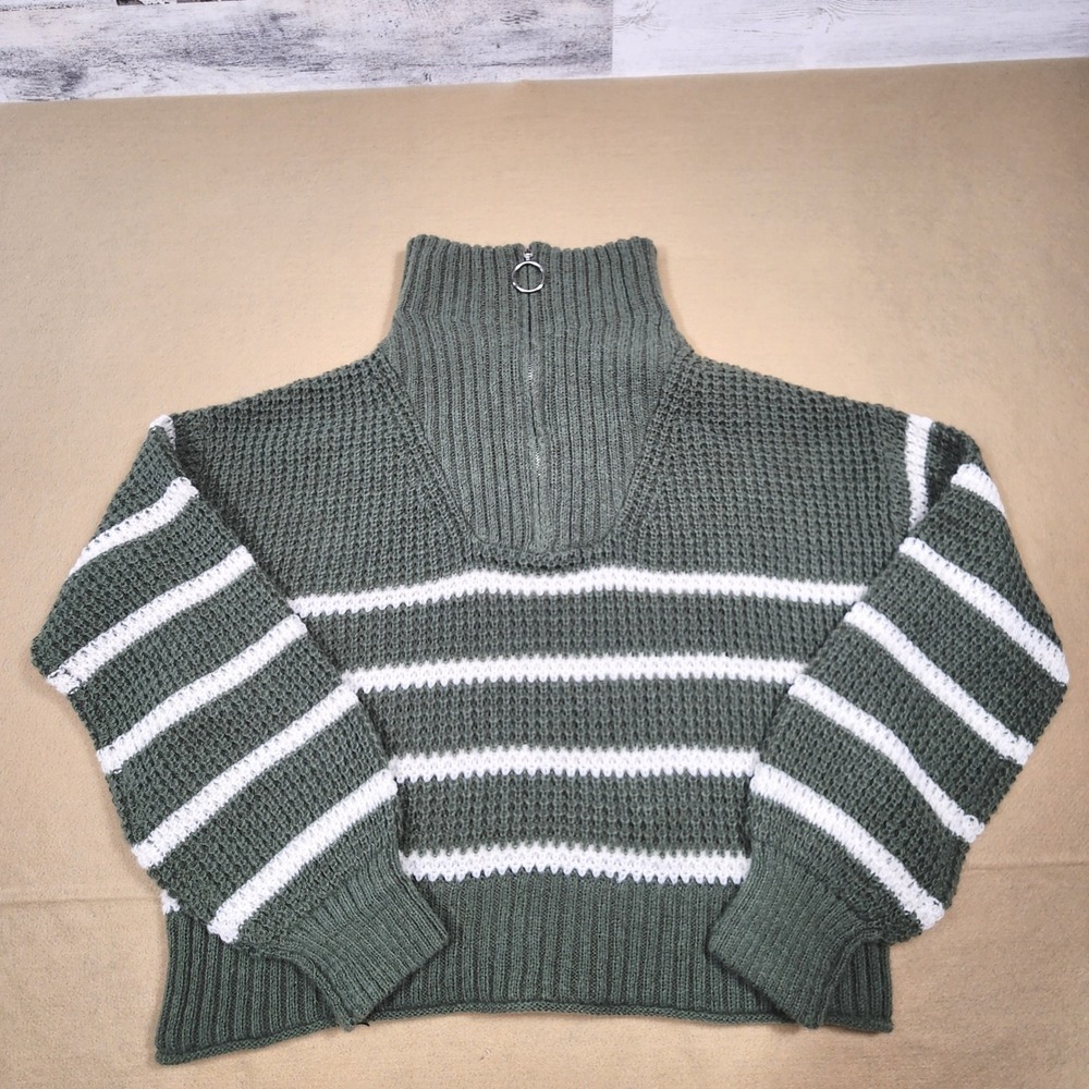 SO Sweater Womens Large Green White Striped Quarter Zip Pullover Waffle Knit